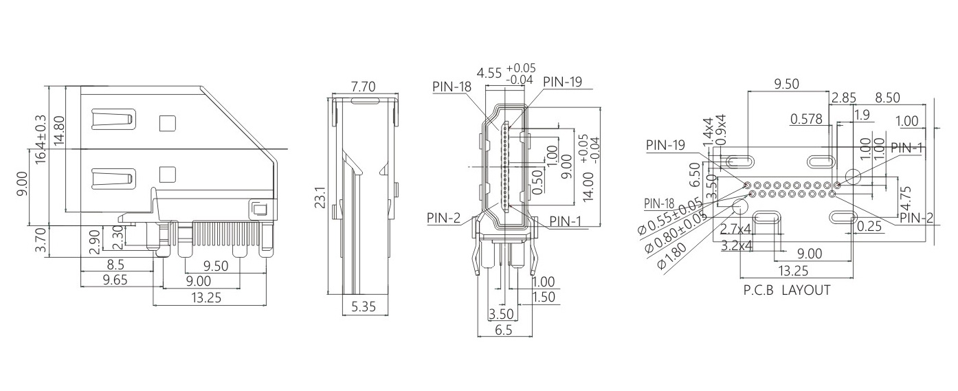 HDMIAType-19P-F侧插90度插板DIP-23.10L-11