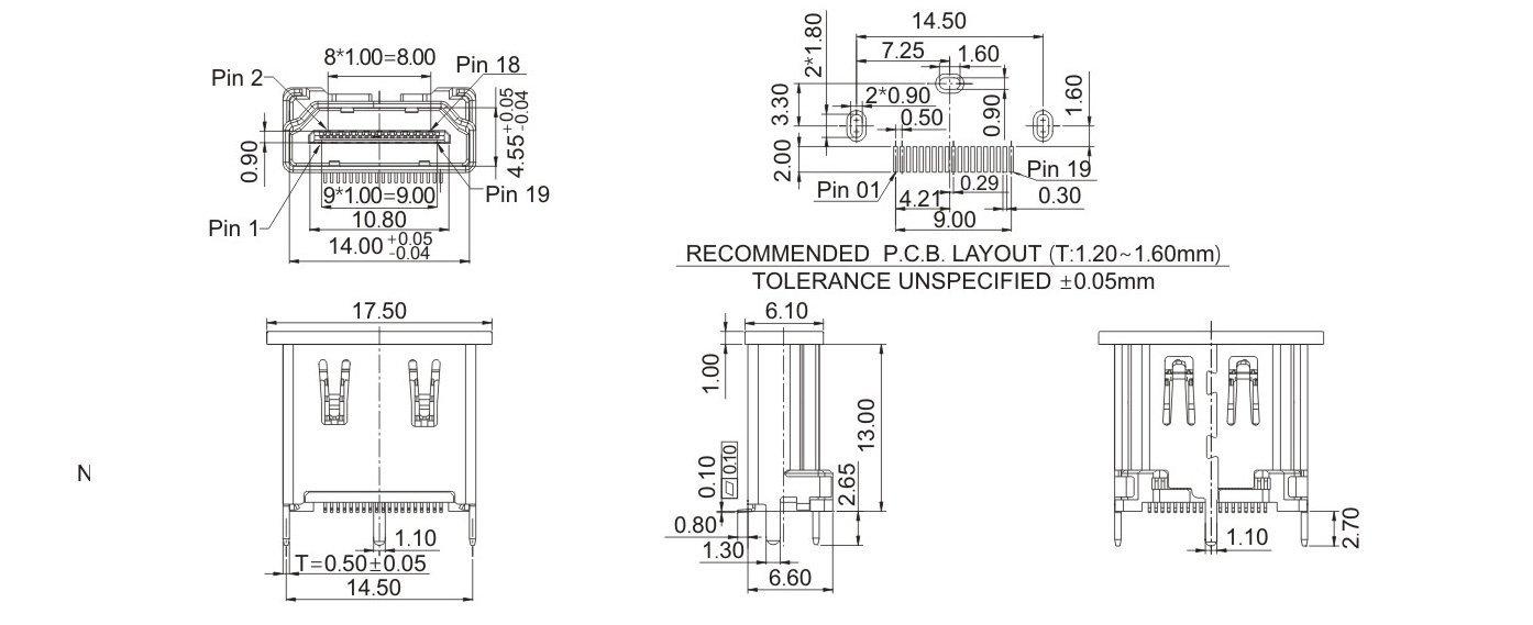 HDMIAF-19Pin-立贴式SMT-三脚插板H=13MM带防尘盖-11