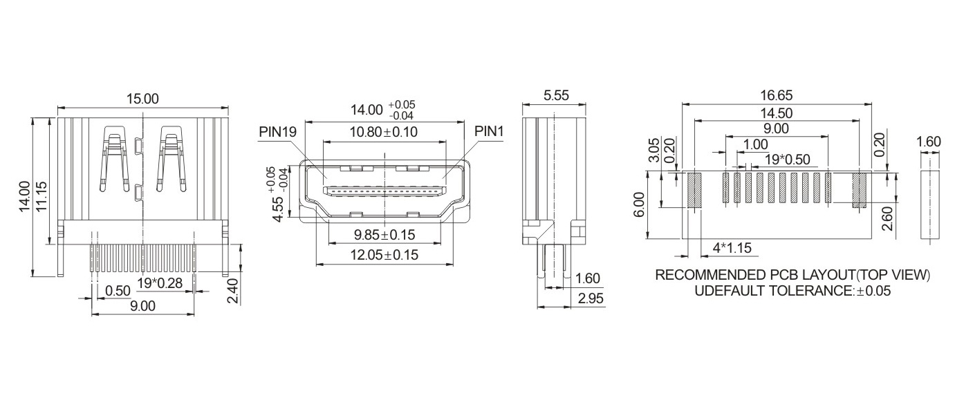 HDMIA-TYPE母座180度夹板式0.8~1.6MM(外壳厚度T=0.50,端子直端)-11